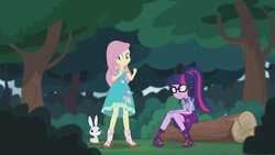 Size: 2208x1242 | Tagged: safe, screencap, angel bunny, fluttershy, sci-twi, twilight sparkle, butterfly, equestria girls, equestria girls series, g4, stressed in show, stressed in show: fluttershy, boots, clothes, glasses, log, ponytail, shoes, skirt