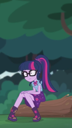 Size: 1242x2208 | Tagged: safe, screencap, sci-twi, twilight sparkle, equestria girls, equestria girls series, g4, stressed in show, stressed in show: fluttershy, boots, bowtie, clothes, cute, female, geode of telekinesis, glasses, log, magical geodes, mud, muddy, ponytail, shoes, skirt, solo, stressed, twiabetes