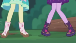 Size: 2208x1242 | Tagged: safe, screencap, fluttershy, sci-twi, twilight sparkle, butterfly, equestria girls, equestria girls series, g4, stressed in show, stressed in show: fluttershy, boots, legs, log, mud, muddy, pictures of legs, shoes