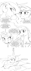 Size: 2640x6120 | Tagged: safe, artist:silfoe, princess celestia, princess luna, twilight sparkle, alicorn, pony, royal sketchbook, g4, adventure in the comments, angry, anniversary, argument, bed, black and white, crossed hooves, crying, derail in the comments, description is relevant, dialogue, discussion in the comments, duckery in the comments, female, grayscale, lesbian, letter, mare, monochrome, prone, royal sisters, sad, ship:twiluna, shipping, simple background, speech bubble, teary eyes, twilight sparkle (alicorn), white background