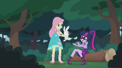 Size: 2208x1242 | Tagged: safe, screencap, angel bunny, fluttershy, sci-twi, twilight sparkle, butterfly, equestria girls, equestria girls series, g4, stressed in show, stressed in show: fluttershy, boots, clothes, cute, glasses, happy, log, mud, muddy, open mouth, ponytail, shoes, skirt, twiabetes