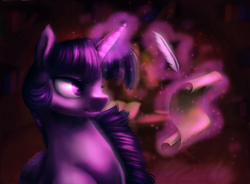 Size: 1900x1400 | Tagged: safe, artist:eternalsubscriber, twilight sparkle, alicorn, pony, g4, female, glowing horn, horn, magic, mare, quill, scroll, solo, twilight sparkle (alicorn)