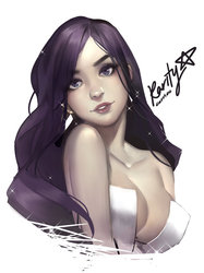 Size: 600x802 | Tagged: safe, artist:corrico, rarity, human, g4, absolute cleavage, beautiful, breasts, bust, cleavage, ear piercing, earring, female, humanized, jewelry, looking at you, piercing, simple background, solo, white background