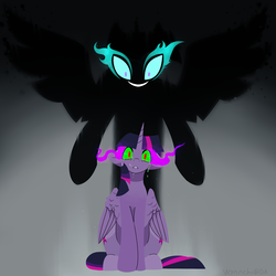 Size: 2800x2800 | Tagged: safe, artist:wynnchi, twilight sparkle, alicorn, pony, equestria girls, g4, crying, dark magic, demonic possession, evil grin, female, grin, high res, inner demons, magic, midnight sparkle, ponified, possessed, smiling, sombra eyes, twilight sparkle (alicorn)