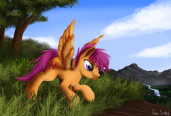 Size: 4850x3300 | Tagged: safe, artist:pony-stark, scootaloo, pony, g4, female, filly, grass, mare, mountain, river, scenery, solo, the cmc's cutie marks, tree, wings
