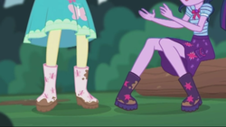 Size: 2208x1242 | Tagged: safe, screencap, fluttershy, sci-twi, twilight sparkle, butterfly, equestria girls, equestria girls series, g4, stressed in show, stressed in show: fluttershy, boots, bowtie, clothes, legs, log, mud, muddy, pictures of legs, shoes, skirt