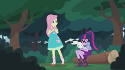 Size: 2208x1242 | Tagged: safe, screencap, angel bunny, fluttershy, sci-twi, twilight sparkle, butterfly, equestria girls, equestria girls series, g4, stressed in show, stressed in show: fluttershy, boots, cute, eyes closed, glasses, log, mud, muddy, nuzzling, ponytail, shoes, twiabetes