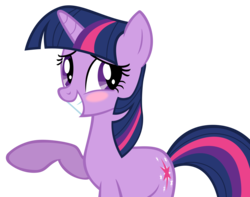 Size: 2604x2056 | Tagged: safe, artist:andoanimalia, twilight sparkle, pony, unicorn, swarm of the century, blushing, embarrassed, female, grin, mare, raised hoof, simple background, smiling, solo, squee, transparent background, unicorn twilight, vector