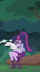 Size: 1242x2208 | Tagged: safe, screencap, angel bunny, sci-twi, twilight sparkle, equestria girls, equestria girls series, g4, stressed in show, stressed in show: fluttershy, boots, bowtie, cute, eyes closed, geode of telekinesis, glasses, log, magical geodes, mud, muddy, nuzzling, ponytail, shoes, twiabetes