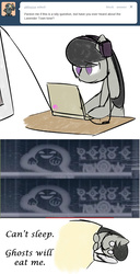 Size: 644x1261 | Tagged: safe, artist:erthilo, octavia melody, earth pony, ghost, pony, ask octavia, g4, ask, computer, female, headphones, laptop computer, lavender town, mare, no pupils, solo, wide eyes
