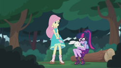 Size: 2208x1242 | Tagged: safe, screencap, angel bunny, fluttershy, sci-twi, twilight sparkle, butterfly, equestria girls, equestria girls series, g4, stressed in show, stressed in show: fluttershy, boots, clothes, cute, eyes closed, glasses, happy, log, mud, muddy, ponytail, shoes, skirt