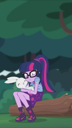 Size: 1242x2208 | Tagged: safe, screencap, angel bunny, sci-twi, twilight sparkle, equestria girls, equestria girls series, g4, stressed in show, stressed in show: fluttershy, boots, bowtie, clothes, eyes closed, glasses, log, mud, muddy, ponytail, shoes, skirt, stressed