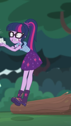 Size: 1242x2208 | Tagged: safe, screencap, sci-twi, twilight sparkle, equestria girls, g4, my little pony equestria girls: better together, stressed in show, stressed in show: fluttershy, boots, clothes, glasses, gritted teeth, jumping, log, mud, muddy, ponytail, shoes, skirt, stressed