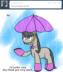 Size: 500x575 | Tagged: safe, artist:erthilo, octavia melody, earth pony, pony, ask octavia, g4, ask, boots, female, mare, mouth hold, no pupils, rain, raised hoof, shoes, solo, umbrella