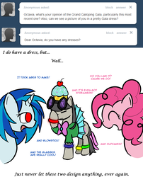 Size: 660x816 | Tagged: safe, artist:erthilo, dj pon-3, octavia melody, pinkie pie, vinyl scratch, earth pony, pony, unicorn, ask octavia, g4, clothes, crime against fashion, dress, facehoof, fashion disaster, female, mare, no pupils, octavia is not amused, unamused, wrong eye color
