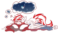 Size: 4325x2462 | Tagged: safe, artist:ruef, oc, oc only, oc:toko yakkai, pegasus, pony, blanket, dream, male, sleeping, solo, space, stallion, tokobetes, z, zzz