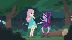 Size: 2208x1242 | Tagged: safe, screencap, fluttershy, sci-twi, twilight sparkle, butterfly, equestria girls, equestria girls series, g4, stressed in show, stressed in show: fluttershy, boots, bowtie, clothes, female, geode of telekinesis, glasses, gritted teeth, log, magical geodes, mud, muddy, open mouth, ponytail, shoes, shrunken pupils, skirt, stressed