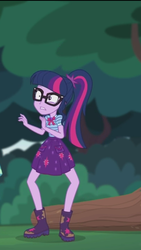 Size: 1242x2208 | Tagged: safe, screencap, sci-twi, twilight sparkle, equestria girls, g4, my little pony equestria girls: better together, stressed in show, stressed in show: fluttershy, boots, bowtie, clothes, geode of telekinesis, glasses, gritted teeth, log, magical geodes, mud, muddy, ponytail, shoes, shrunken pupils, skirt