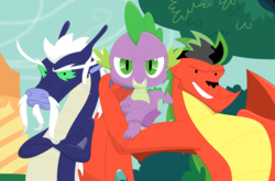 Size: 3541x2333 | Tagged: safe, artist:porygon2z, spike, dragon, g4, american dragon jake long, crossover, high res, jake long, lao shi, simple background, transparent background, trio