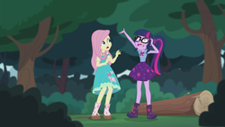 Size: 2208x1242 | Tagged: safe, screencap, fluttershy, sci-twi, twilight sparkle, butterfly, equestria girls, g4, my little pony equestria girls: better together, stressed in show, stressed in show: fluttershy, boots, clothes, female, geode of telekinesis, glasses, log, magical geodes, mud, muddy, open mouth, ponytail, shoes, skirt, stressed