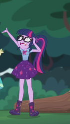 Size: 1242x2208 | Tagged: safe, screencap, sci-twi, twilight sparkle, equestria girls, g4, my little pony equestria girls: better together, stressed in show, stressed in show: fluttershy, boots, bowtie, clothes, geode of telekinesis, glasses, log, magical geodes, mud, muddy, open mouth, ponytail, shoes, skirt, stressed