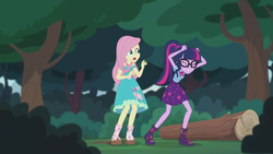 Size: 2208x1242 | Tagged: safe, screencap, fluttershy, sci-twi, twilight sparkle, butterfly, equestria girls, g4, my little pony equestria girls: better together, stressed in show, stressed in show: fluttershy, boots, clothes, eyes closed, female, geode of telekinesis, glasses, gritted teeth, log, magical geodes, mud, muddy, open mouth, ponytail, shoes, skirt