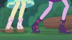 Size: 2208x1242 | Tagged: safe, screencap, fluttershy, sci-twi, twilight sparkle, equestria girls, g4, my little pony equestria girls: better together, stressed in show, stressed in show: fluttershy, boots, legs, log, mud, muddy, pictures of legs, shoes