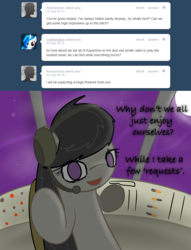 Size: 801x1046 | Tagged: safe, artist:erthilo, octavia melody, earth pony, pony, ask octavia, g4, ask, discorded, female, headphones, mare, moon, night, no pupils, solo