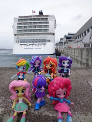 Size: 3456x4608 | Tagged: safe, fluttershy, pinkie pie, rainbow dash, rarity, starlight glimmer, sunset shimmer, twilight sparkle, equestria girls, g4, cruise ship, doll, equestria girls minis, female, irl, photo, singapore, toy