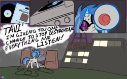 Size: 1280x800 | Tagged: safe, artist:valcron, dj pon-3, octavia melody, vinyl scratch, pony, ask dj pon3, g4, female, megaphone, record, solo, speaker, turntable