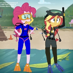 Size: 1852x1852 | Tagged: safe, artist:seantaylor21, edit, edited screencap, screencap, pinkie pie, sunset shimmer, equestria girls, g4, my little pony equestria girls: better together, unsolved selfie mysteries, 1000 hours in ms paint, beach, clothes, cropped, dive mask, diving, flippers (gear), goggles, lewd, ocean, scuba gear, seaweed, snorkel, snorkeling, swimsuit, water, wetsuit