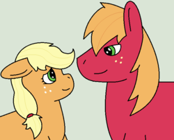 Size: 640x518 | Tagged: safe, artist:kaged-wolf, applejack, big macintosh, earth pony, pony, g4, applecest, female, green background, incest, looking at each other, male, ship:applemac, shipping, simple background, straight, vulgar description