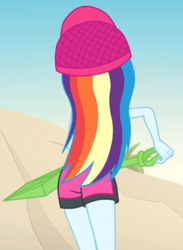 Size: 761x1039 | Tagged: safe, screencap, rainbow dash, human, aww... baby turtles, equestria girls, g4, my little pony equestria girls: better together, beach, clothes, cropped, cute, dashabetes, female, rainbow dash's beach shorts swimsuit, rainbutt dash, shorts, shovel, swimming trunks, swimsuit