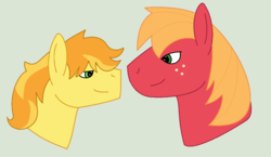 Size: 990x574 | Tagged: safe, artist:kaged-wolf, big macintosh, braeburn, earth pony, pony, g4, applecest, gay, green background, incest, looking at each other, male, ship:braemac, shipping, simple background, vulgar description