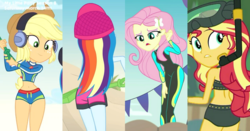 Size: 3914x2048 | Tagged: safe, screencap, applejack, fluttershy, rainbow dash, sunset shimmer, aww... baby turtles, equestria girls, g4, lost and found, my little pony equestria girls: better together, too hot to handle, unsolved selfie mysteries, adorasexy, applejack's beach shorts swimsuit, applejack's hat, beach, beach shorts swimsuit, belly button, bikini, clothes, cowboy hat, cropped, cute, dive mask, female, geode of super strength, hat, headphones, high res, hips, jackabetes, looking back, midriff, rainbutt dash, rear view, sexy, shimmerbetes, shorts, shovel, shyabetes, snorkel, solo, sports shorts, sunset shimmer's beach shorts swimsuit, swimming trunks, swimsuit, thigh gap, thighs, wetsuit