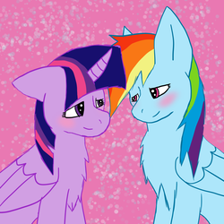 Size: 1000x1000 | Tagged: safe, artist:kaged-wolf, rainbow dash, twilight sparkle, alicorn, pegasus, pony, g4, abstract background, blushing, chest fluff, female, lesbian, looking at each other, ship:twidash, shipping, twilight sparkle (alicorn)
