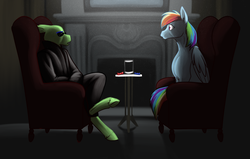 Size: 1257x800 | Tagged: safe, artist:foxenawolf, rainbow dash, oc, oc:twister, pegasus, pony, fanfic:piercing the heavens, g4, blue pill, chair, fanfic art, fireplace, illustration, red pill, table, the matrix