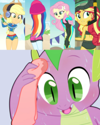 Size: 2048x2561 | Tagged: safe, artist:sunibee, edit, screencap, applejack, fluttershy, rainbow dash, spike, sunset shimmer, dragon, aww... baby turtles, equestria girls, equestria girls series, g4, lost and found, too hot to handle, unsolved selfie mysteries, adorasexy, applejack's beach shorts swimsuit, applejack's hat, beach, beach shorts swimsuit, belly button, bikini, blushing, clothes, cowboy hat, cropped, cute, dashabetes, dive mask, female, hat, headphones, high res, hips, jackabetes, looking back, male, midriff, open mouth, rainbutt dash, reaction image, rear view, sexy, shorts, shovel, shyabetes, simple background, snorkel, spike gets all the equestria girls, sunset shimmer's beach shorts swimsuit, sweat, sweating towel guy, swimming trunks, swimsuit, thighs, towel, wiping