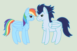 Size: 950x632 | Tagged: safe, artist:kaged-wolf, rainbow dash, soarin', pegasus, pony, g4, female, green background, looking at each other, male, mare, ship:soarindash, shipping, simple background, stallion, straight