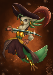 Size: 1900x2665 | Tagged: safe, artist:fizzykinsart, artist:mykegreywolf, captain celaeno, parrot, g4, my little pony: the movie, amputee, beauty mark, collaboration, ear piercing, earring, female, hat, jewelry, piercing, pirate hat, prosthetic limb, prosthetics, smiling, solo, sword, weapon