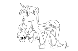Size: 1214x800 | Tagged: safe, artist:emositecc, spike, twilight sparkle, alicorn, dragon, pony, g4, alternate universe, baby, baby spike, black and white, female, grayscale, male, mare, monochrome, mouth hold, raised hoof, simple background, twilight sparkle (alicorn), unshorn fetlocks, upside down, white background, younger