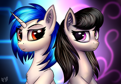 Size: 2300x1600 | Tagged: safe, artist:xeniusfms, dj pon-3, octavia melody, vinyl scratch, g4, duo, wrong eye color