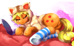Size: 1086x685 | Tagged: safe, artist:kunshomo, artist:pediastrum, applejack, earth pony, pony, g4, cat ears, cat hoodie, clothes, eyes closed, female, lying down, mare, pillow, sleeping, smiling, socks, solo, stockings, striped socks, thigh highs