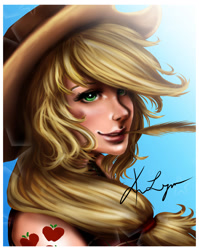Size: 2184x2746 | Tagged: safe, artist:maximumimpulse, applejack, human, g4, alternative cutie mark placement, bust, clothes, cutie mark on human, female, hat, high res, humanized, signature, solo, straw in mouth