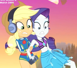 Size: 1083x958 | Tagged: safe, screencap, applejack, rarity, equestria girls, g4, lost and found, my little pony equestria girls: better together, belly button, bikini, bikini top, clothes, cropped, cute, duo, headphones, jackabetes, midriff, protecting, raribetes, rarity's blue sarong, rarity's purple bikini, sarong, swimsuit