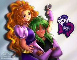 Size: 900x700 | Tagged: safe, artist:kgfantasy, adagio dazzle, spike, human, equestria girls, g4, adagiospike, anime, bangs, big hair, breasts, busty adagio dazzle, clothes, crack shipping, crossed arms, duo, equestria girls logo, female, green eyes, green hair, hand on shoulder, hoodie, human spike, humanized, logo, long hair, male, microphone, mullet, shipping, smiling, straight