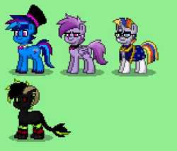 Size: 460x393 | Tagged: safe, artist:kaged-wolf, oc, oc only, oc:dawning star, oc:thundercast, oc:violet skies, pegasus, pony, unicorn, pony town, bowtie, clothes, female, glasses, green background, hat, male, mare, robe, simple background, stallion, top hat