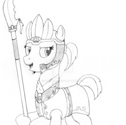 Size: 1024x1017 | Tagged: safe, artist:drcool13, oc, oc only, pony, female, guandao, guard, helmet, monochrome, pencil drawing, shadow fight 3, simple background, solo, traditional art, watermark, weapon, white background