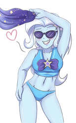 Size: 2728x4417 | Tagged: safe, artist:sumin6301, trixie, equestria girls, equestria girls specials, g4, my little pony equestria girls: better together, my little pony equestria girls: forgotten friendship, adorasexy, armpits, belly button, bikini, bikini bottom, blue bikini, breasts, cleavage, clothes, cute, diatrixes, female, heart, sarong, sexy, simple background, smiling, solo, sunglasses, swimsuit, trixie's beach shorts swimsuit, white background