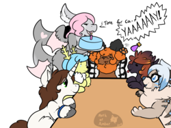 Size: 1000x747 | Tagged: safe, artist:adoeable, oc, oc only, oc:tai, birthday party, cake, dialogue, food, non-mlp oc, party, simple background, table, transparent background